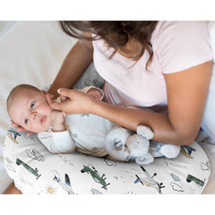 Sweet Jojo Designs vintage airplane pattern close-up highlights soft jersey knit and durable zipper.