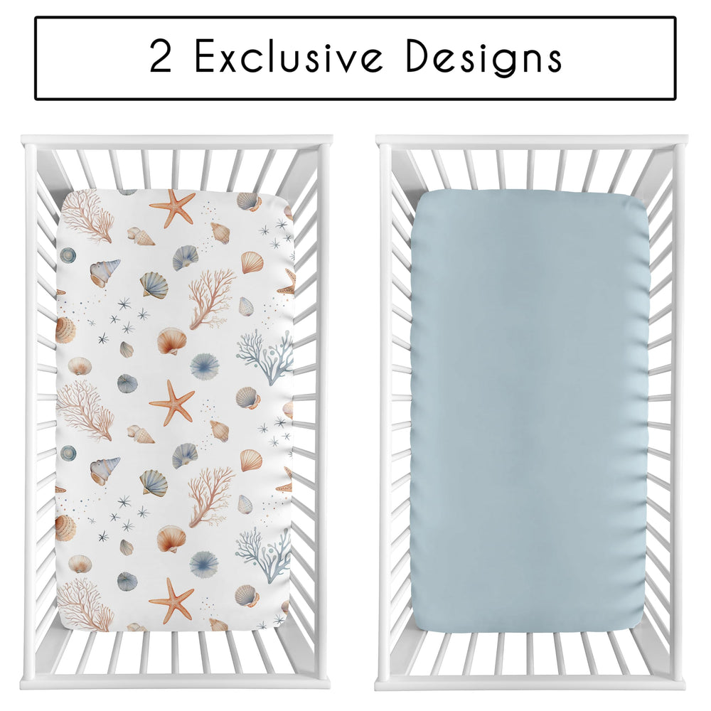 Sweet Jojo Designs Ocean Seashells crib sheets showing snug elastic and soft fabric.