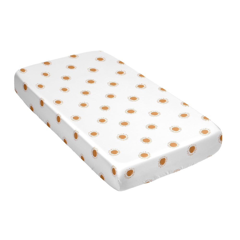 Sweet Jojo Designs satin crib sheet with celestial sky print on soft fabric