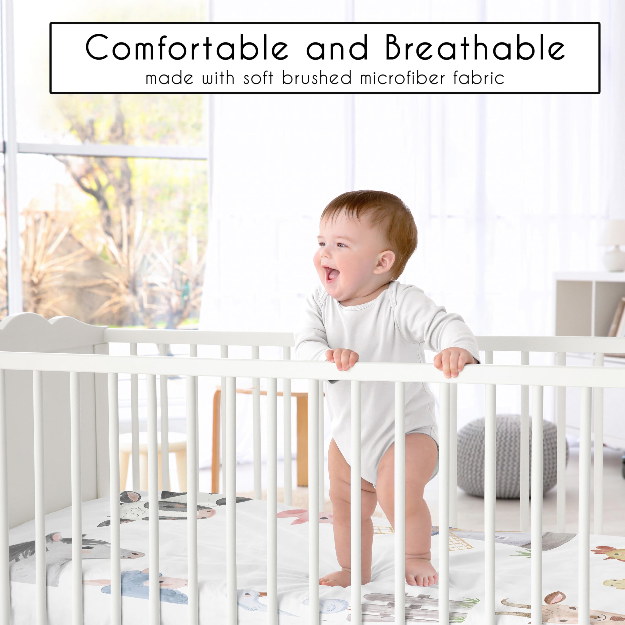 Sweet Jojo snug-fit crib sheet with full elastic minimizes shifting at night.
