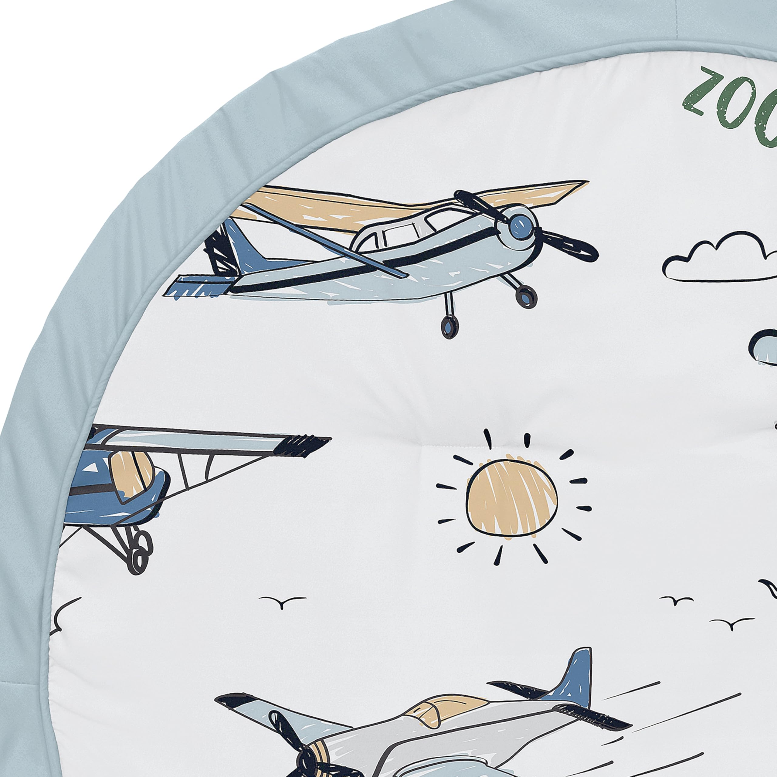 Sweet Jojo Designs Vintage Airplane Play Mat color details show grey, yellow, green, blue for coordinating nurseries.