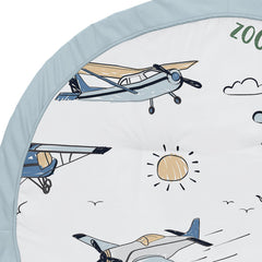 Sweet Jojo Designs Vintage Airplane Play Mat color details show grey, yellow, green, blue for coordinating nurseries.
