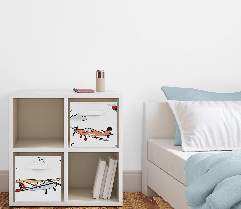 Sweet Jojo Designs vintage airplane storage bin side view ideal for kid's rooms organization