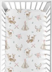Sweet Jojo Designs woodland deer floral crib sheet green taupe print on brushed microfiber.