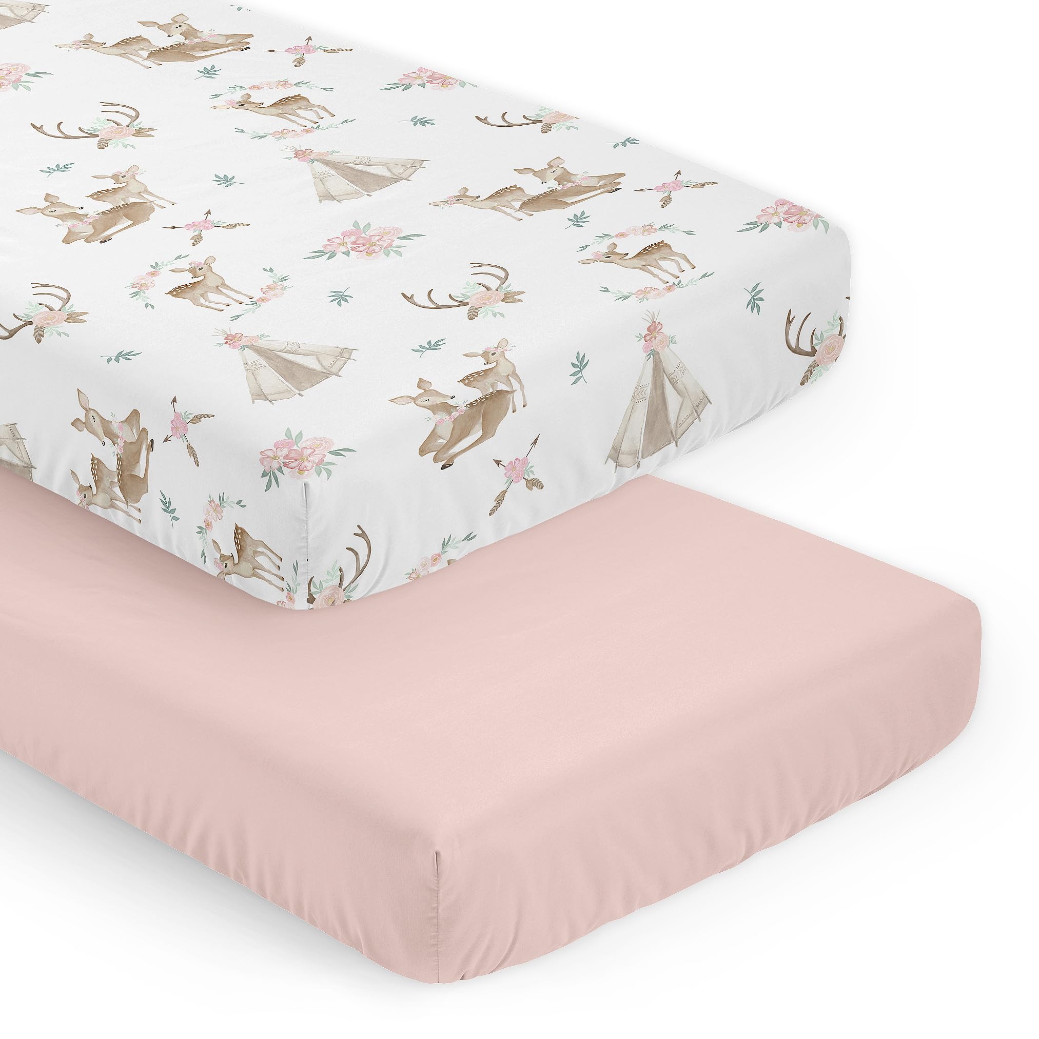 Sweet Jojo Designs woodland deer floral crib sheet pink close-up fabric texture for cozy sleep.