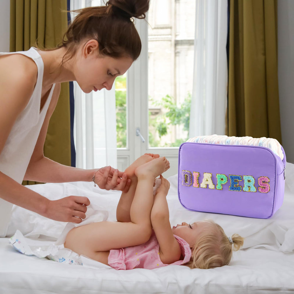 Sweet Lion chenille patches detail emphasizes decorative, durable storage for baby essentials.