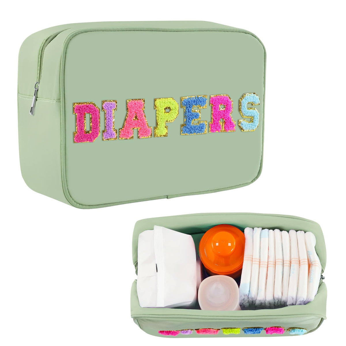 Sweet Lion small diaper bag with glitter chenille patches for easy-access diaper changes.