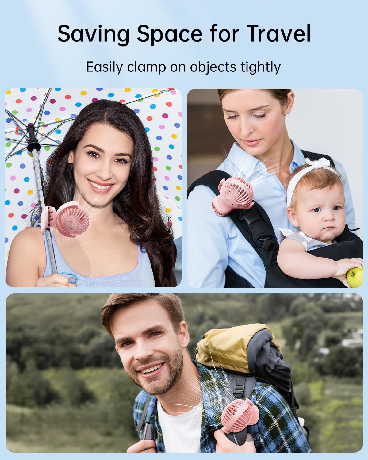 SweetFULL clip-on fan attached to stroller for on-the-go cooling.
