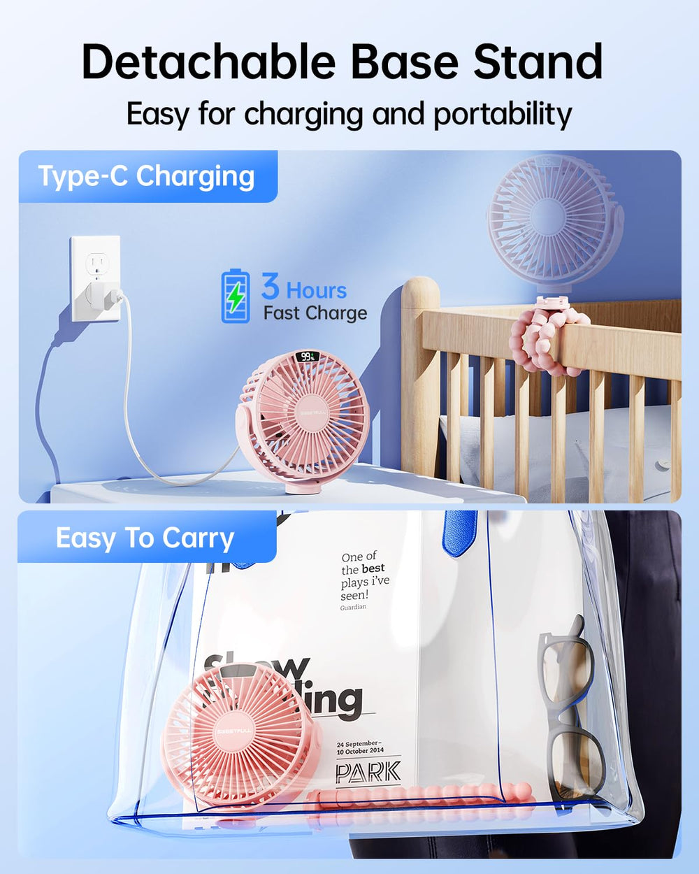 SWEETFULL detachable claw design keeps the fan stable and easy to reposition.