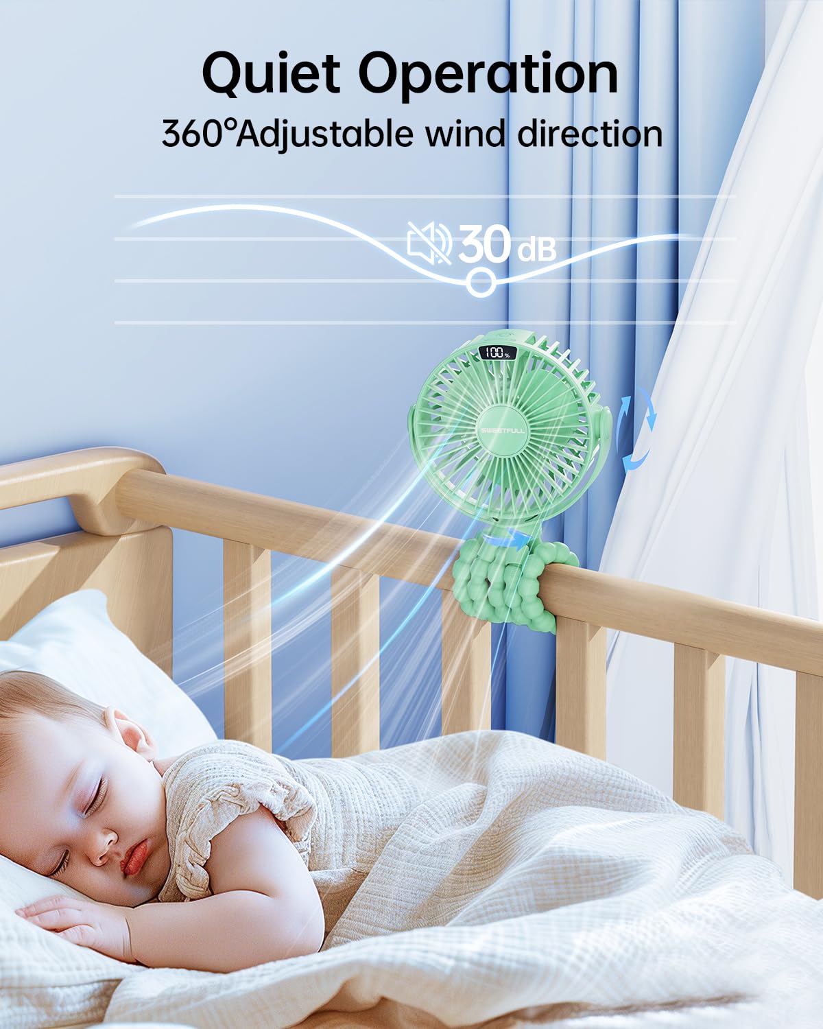 Sweetfull portable stroller fan battery life up to 20 hours on a full charge
