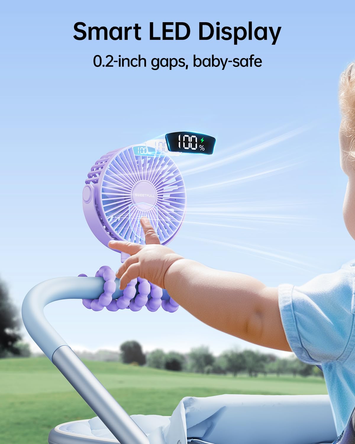 SWEETFULL portable stroller fan clip-on provides hands-free cooling on the go.