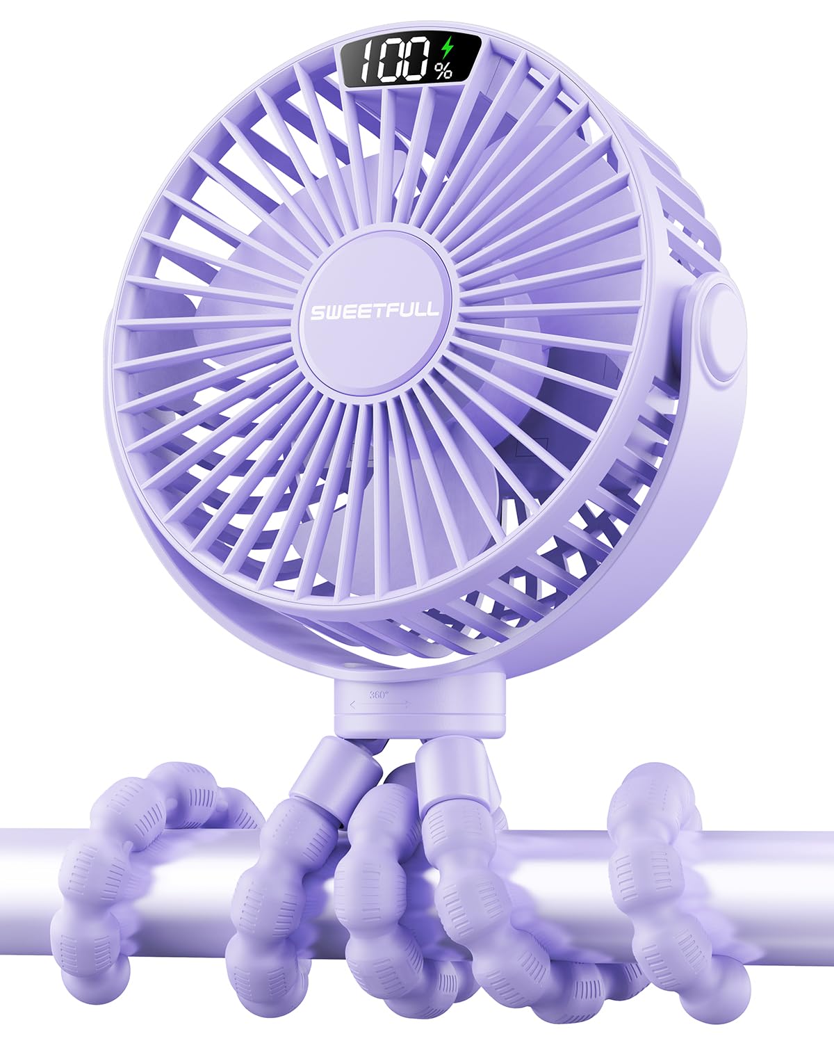 SWEETFULL portable stroller fan with digital display shows speed and battery life for easy cooling control.