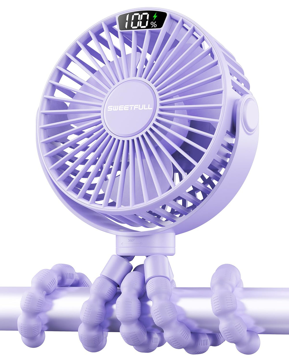 SWEETFULL portable stroller fan with digital display shows speed and battery life for easy cooling control.