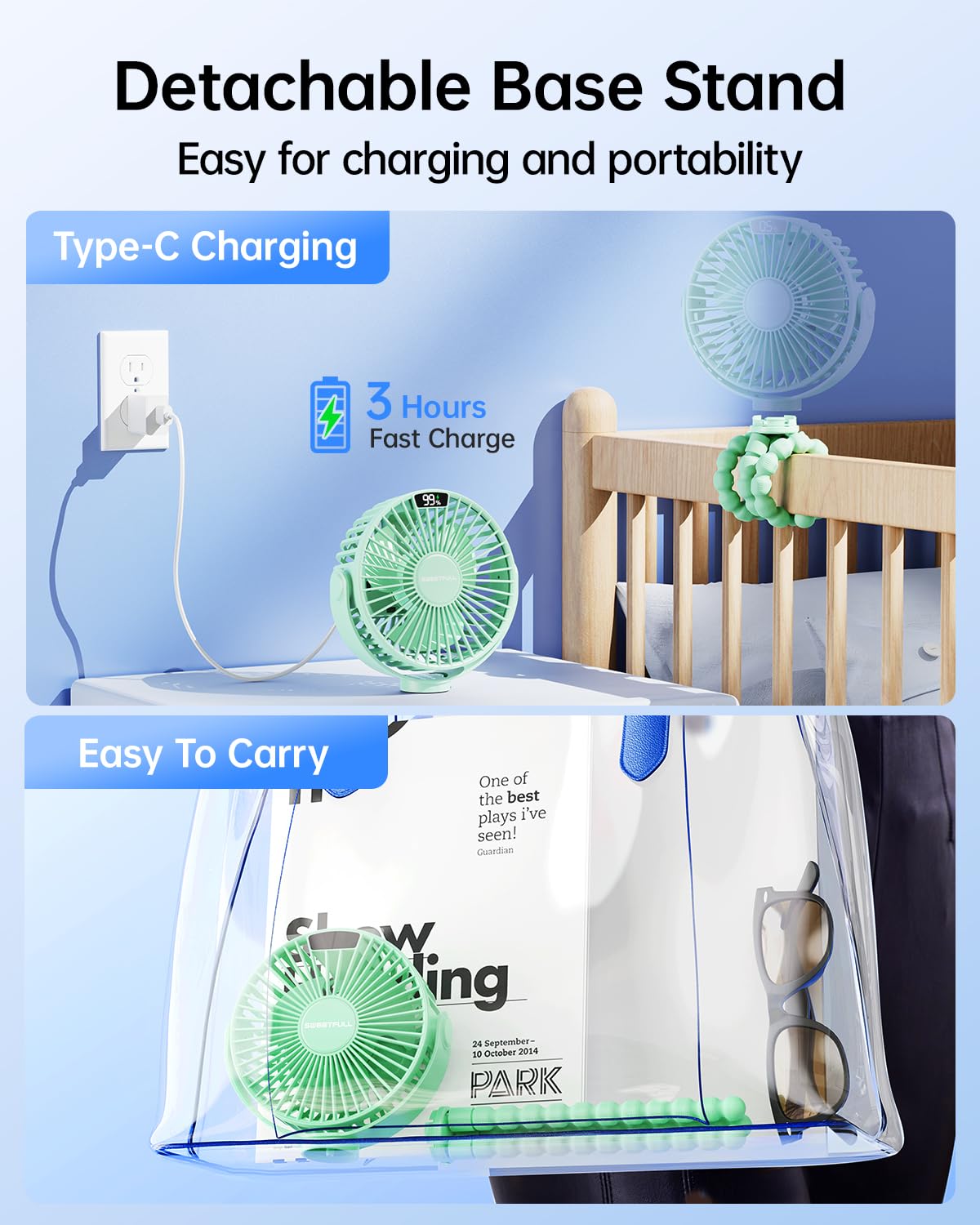 Sweetfull portable stroller fan USB-C fast charging for quick top-ups on the go