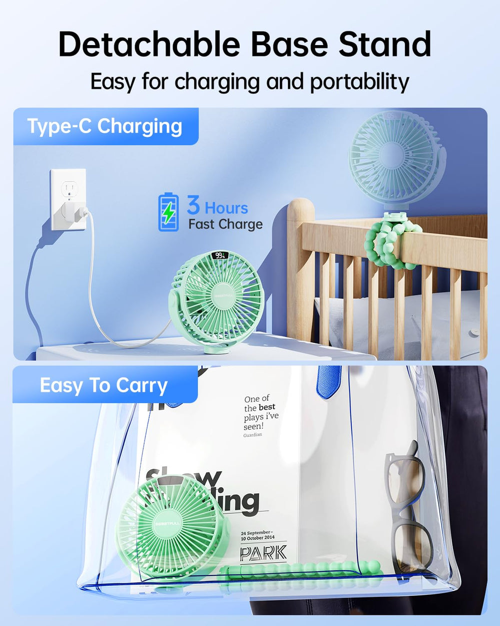 Sweetfull portable stroller fan USB-C fast charging for quick top-ups on the go