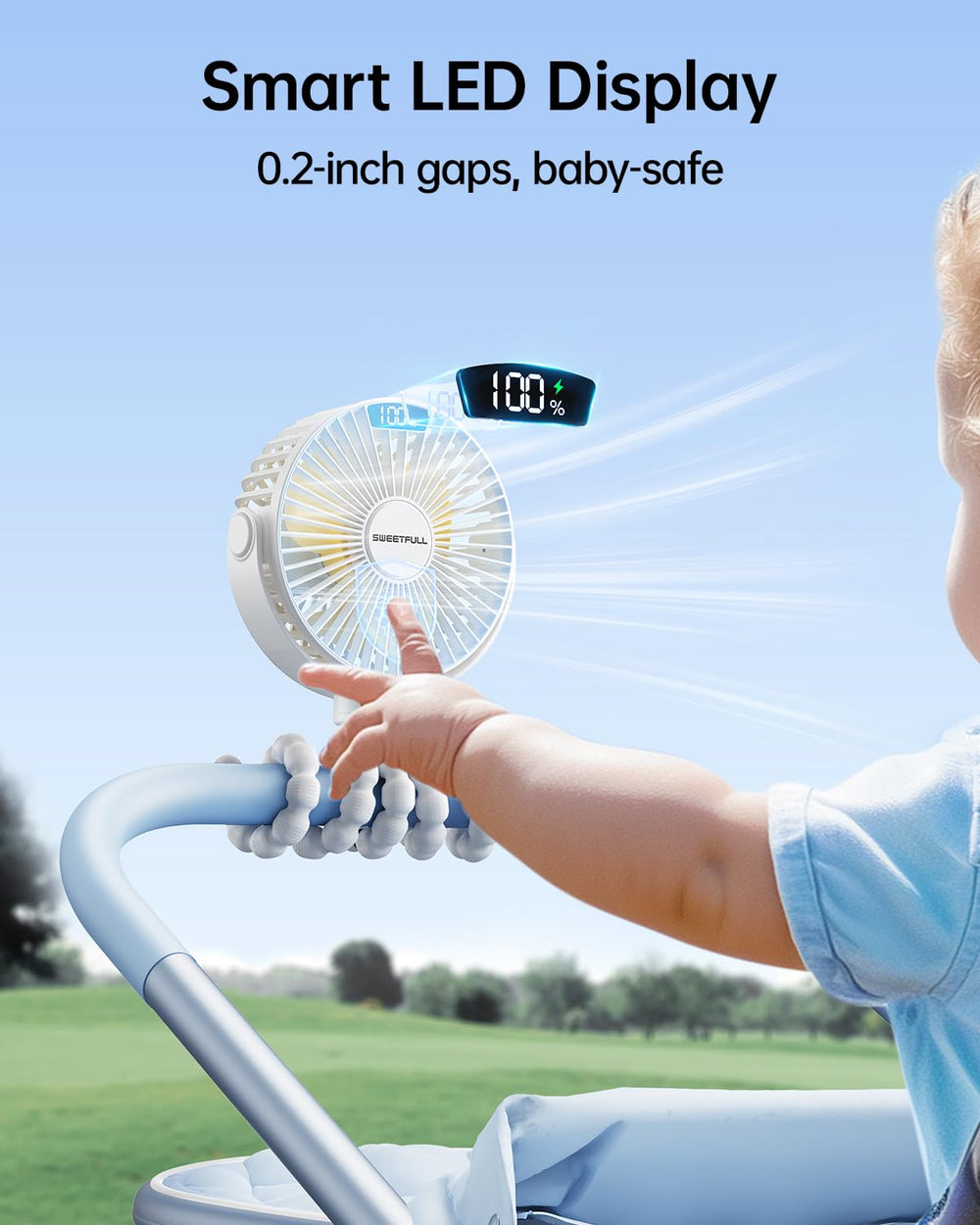 SWEETFULL stroller fan highlights battery life with 4000mAh for long travel sessions.
