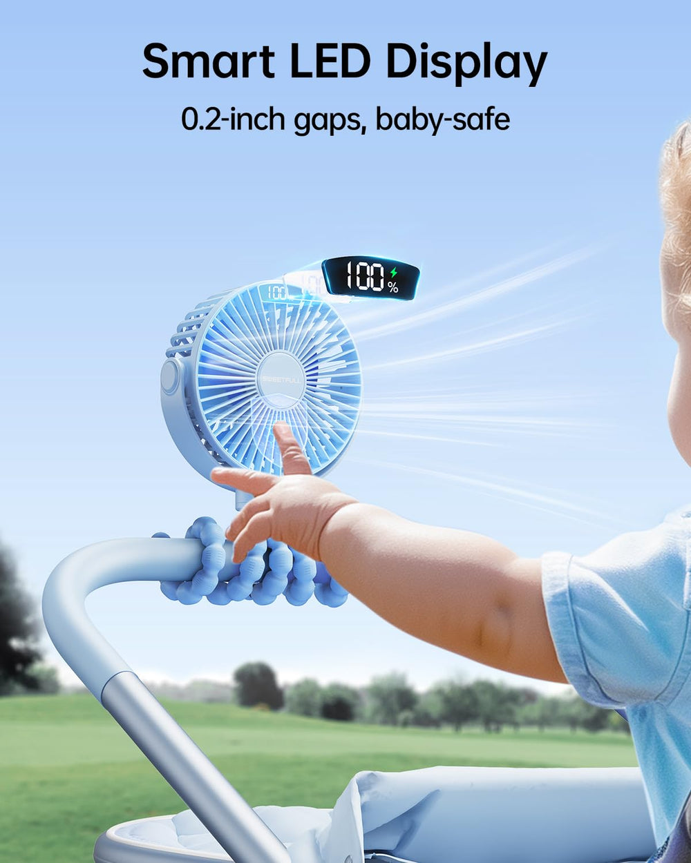 SWEETFULL clip-on design keeps the fan secure on a stroller or car seat.