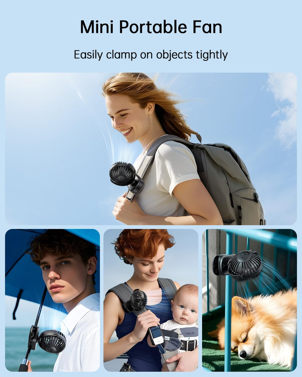 SWEETFULL stroller fan clip with silicone pads protects surfaces during cooling.