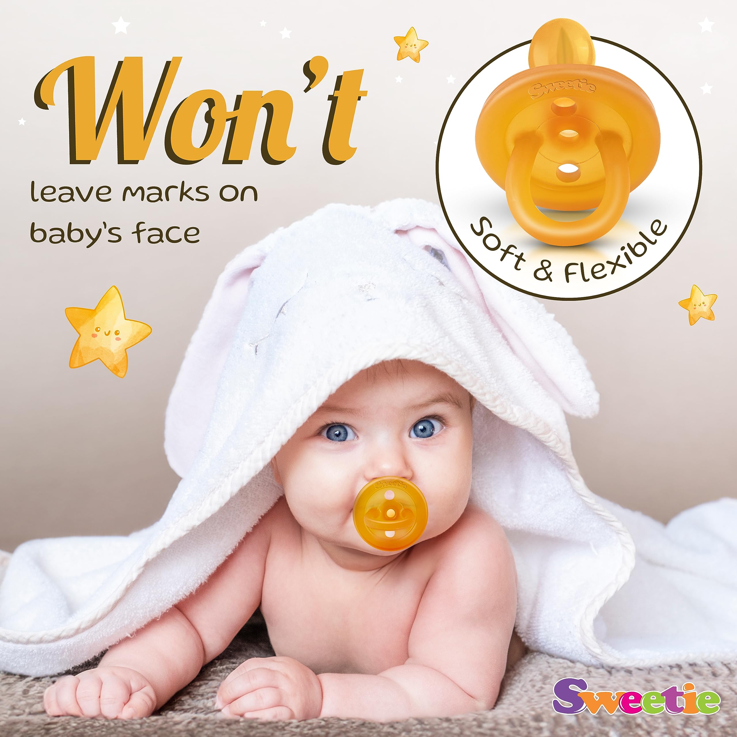 Sweetie rubber pacifier newborn usage shot illustrating 0-6 small size suitability