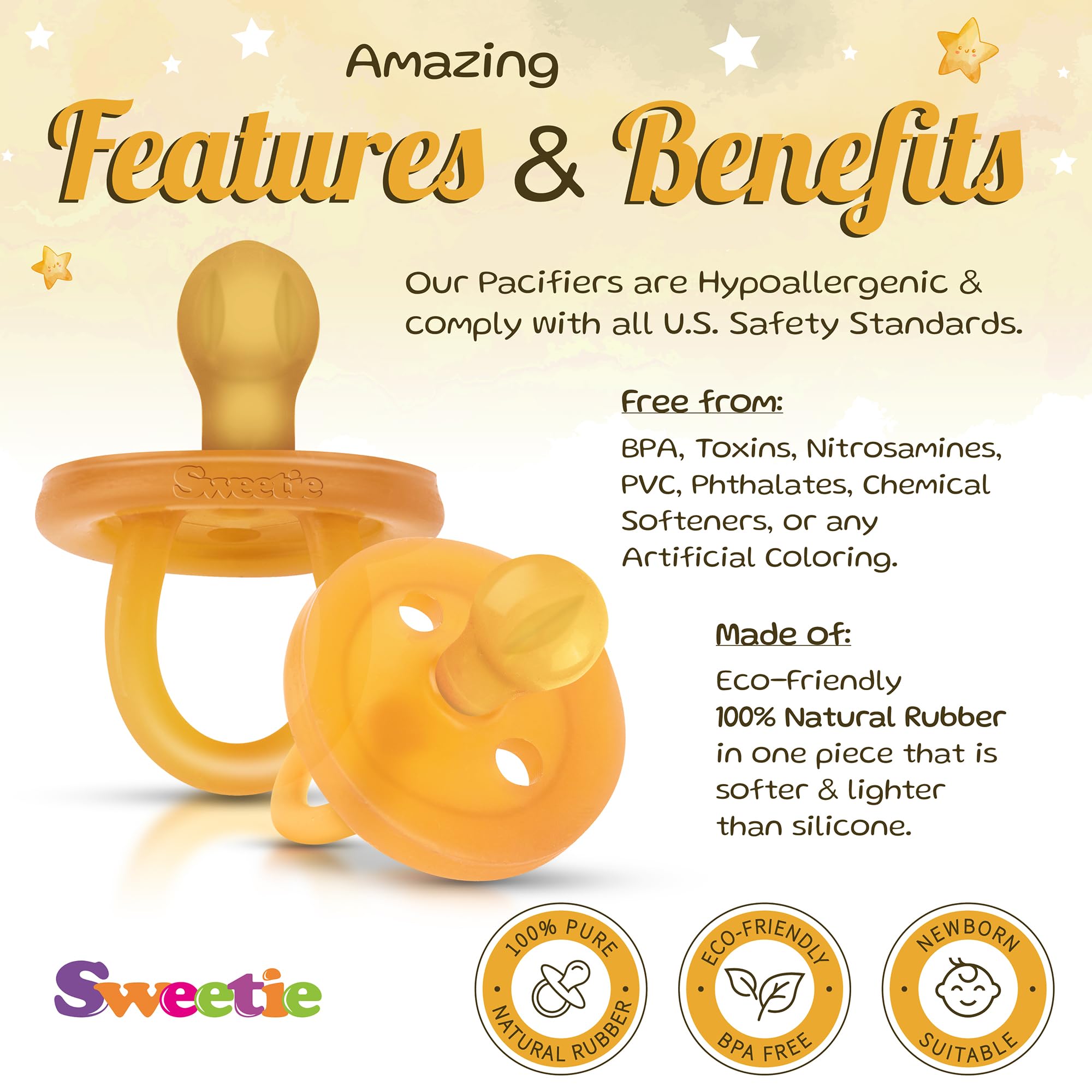 Sweetie Pacifier rounded nipple resting against fabric for comforting use.