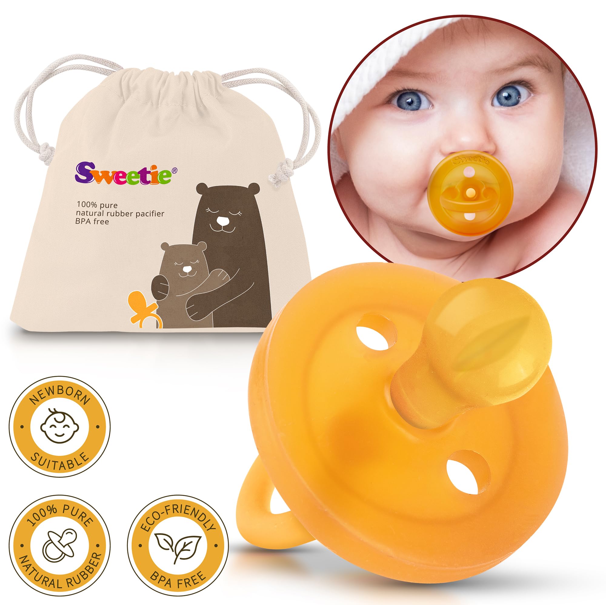 Sweetie Rubber Pacifier natural color shown in bedtime scene for soothing routines.