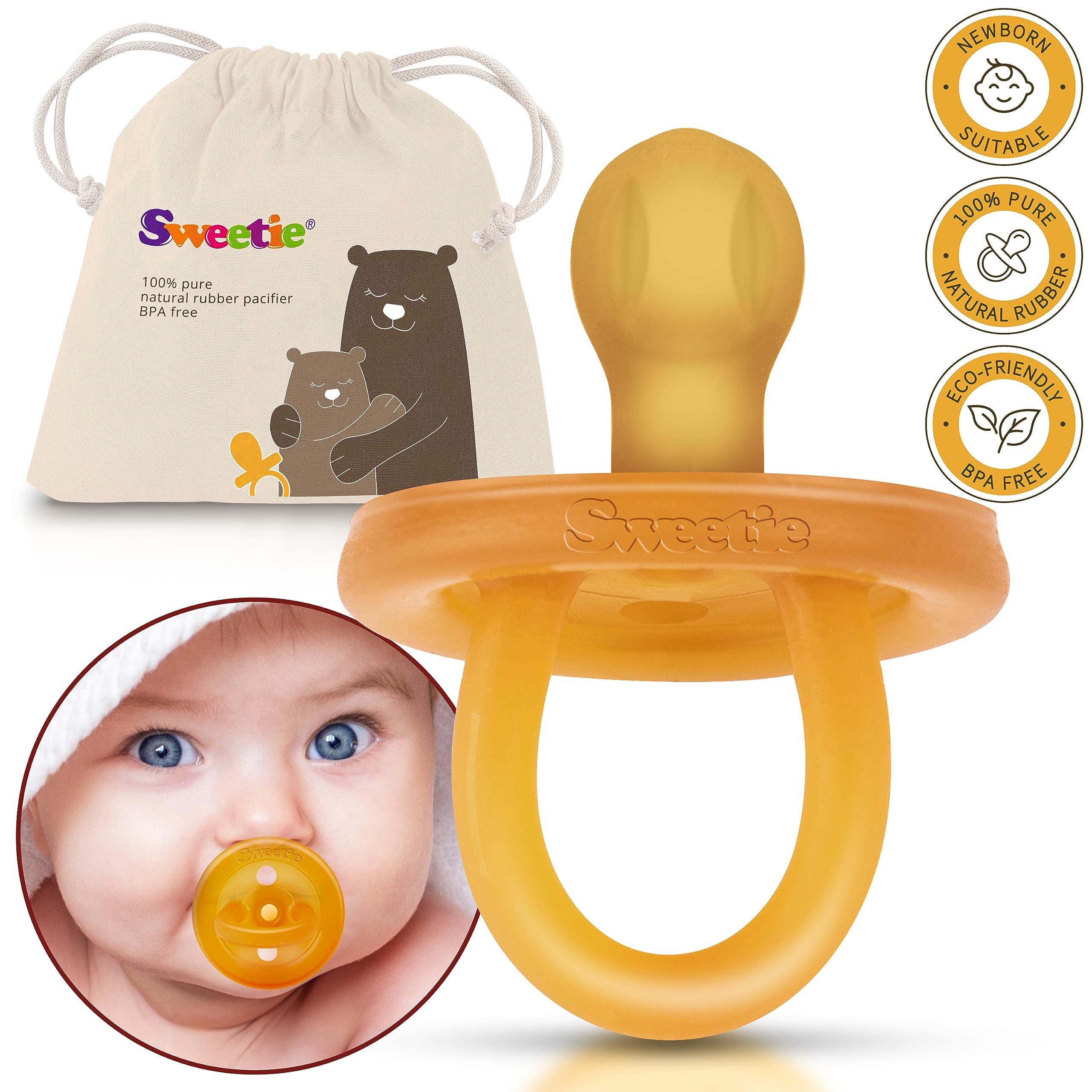 Sweetie rubber pacifier rounded nipple closeup shows soft, natural nipple for soothing