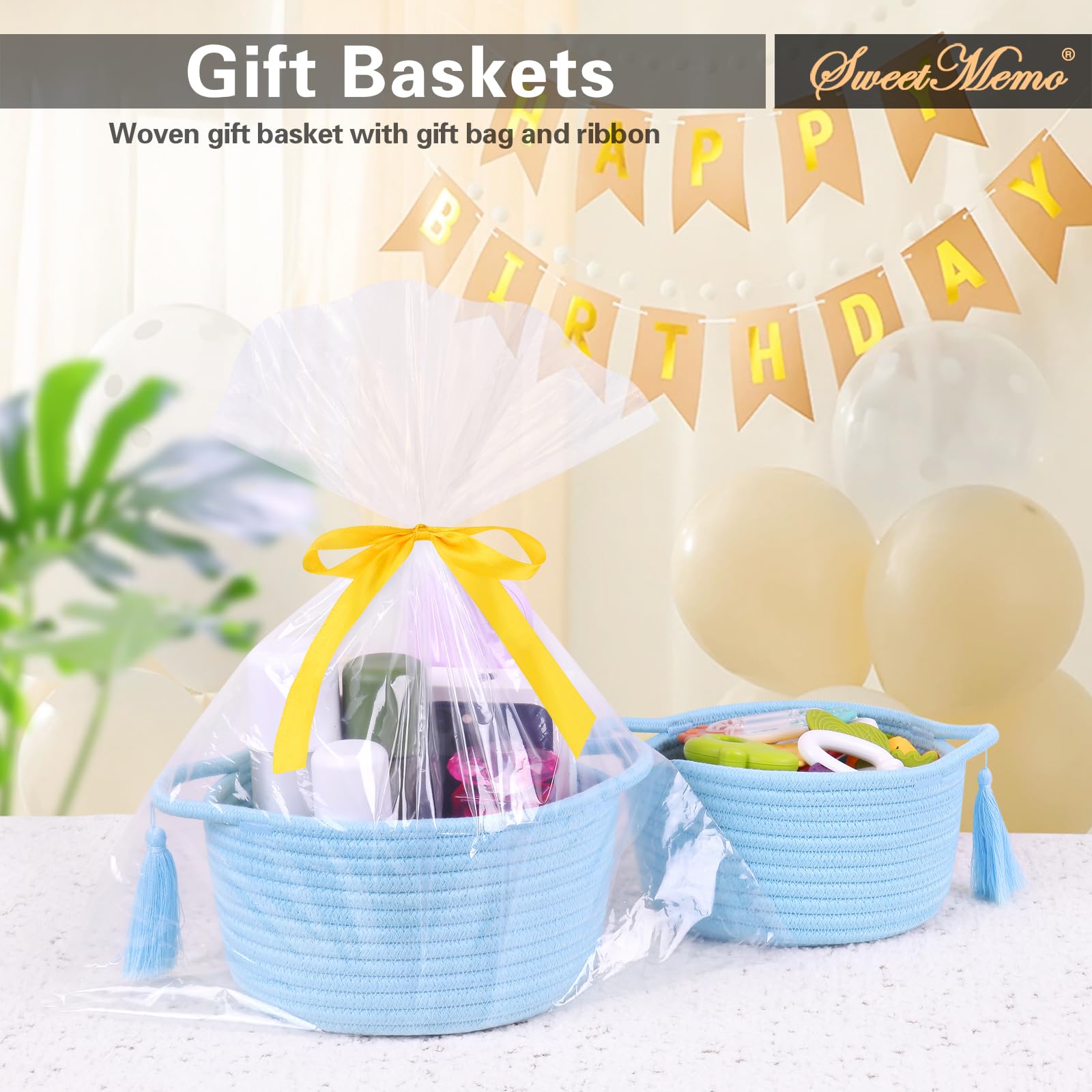 SweetMemo handwoven cotton rope tassel basket highlights durable craftsmanship and decor use.