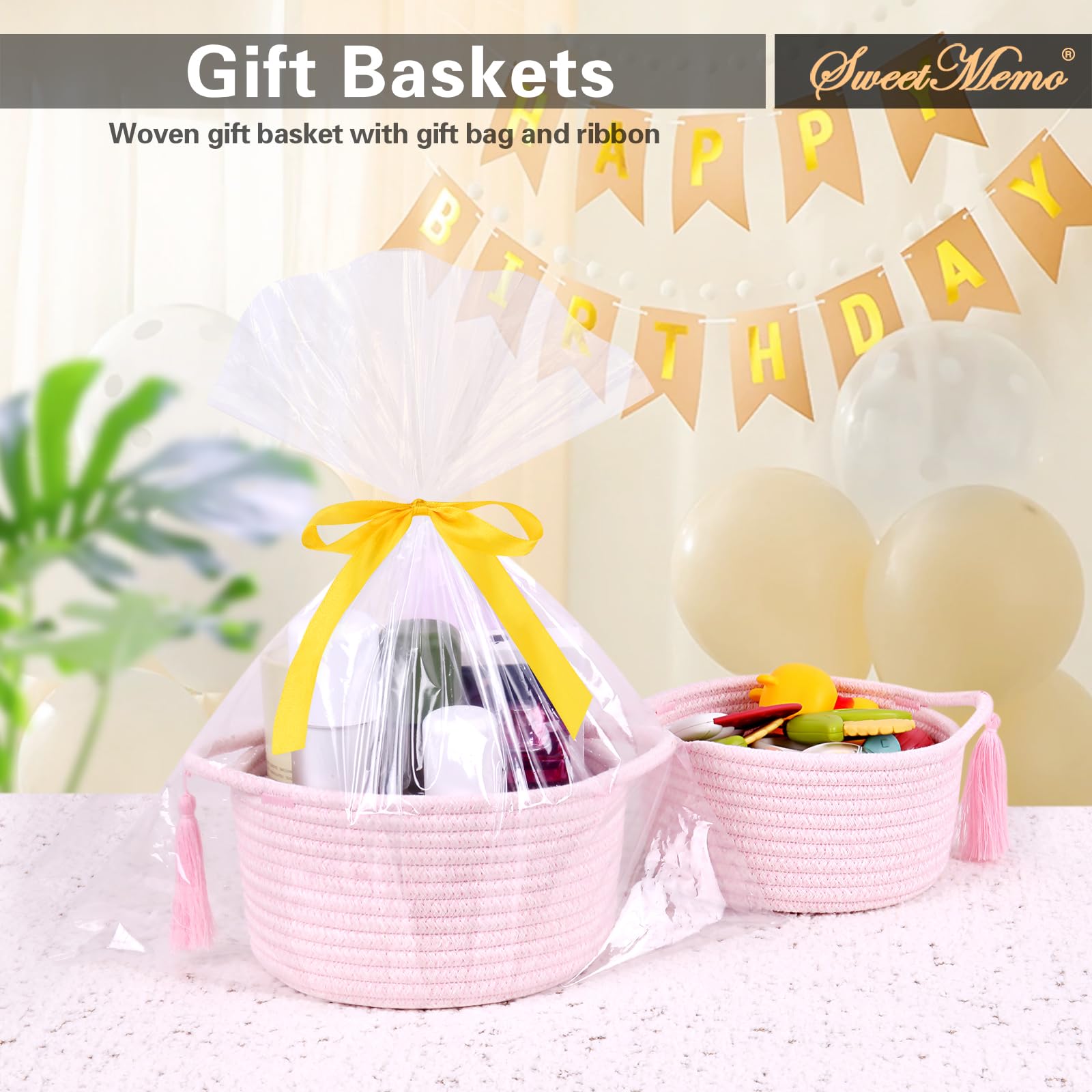 SweetMemo handwoven cotton rope basket close-up showing decorative stitching and tassel
