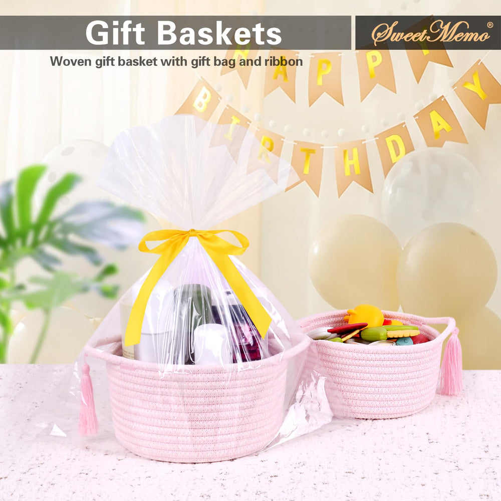 SweetMemo handwoven cotton rope basket close-up showing decorative stitching and tassel