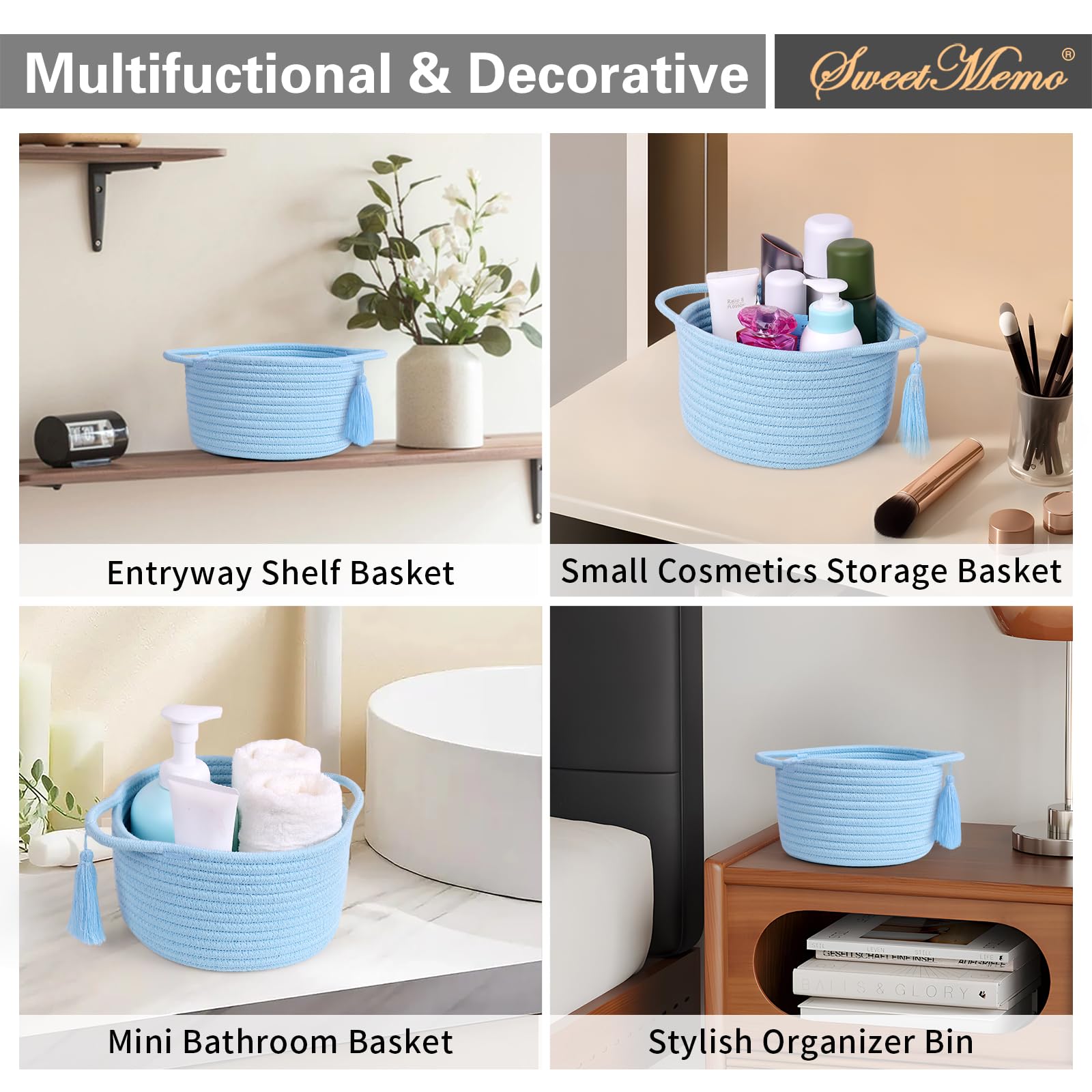 SweetMemo light-blue basket on desk enhances tidy workspace and coastal-inspired decor.