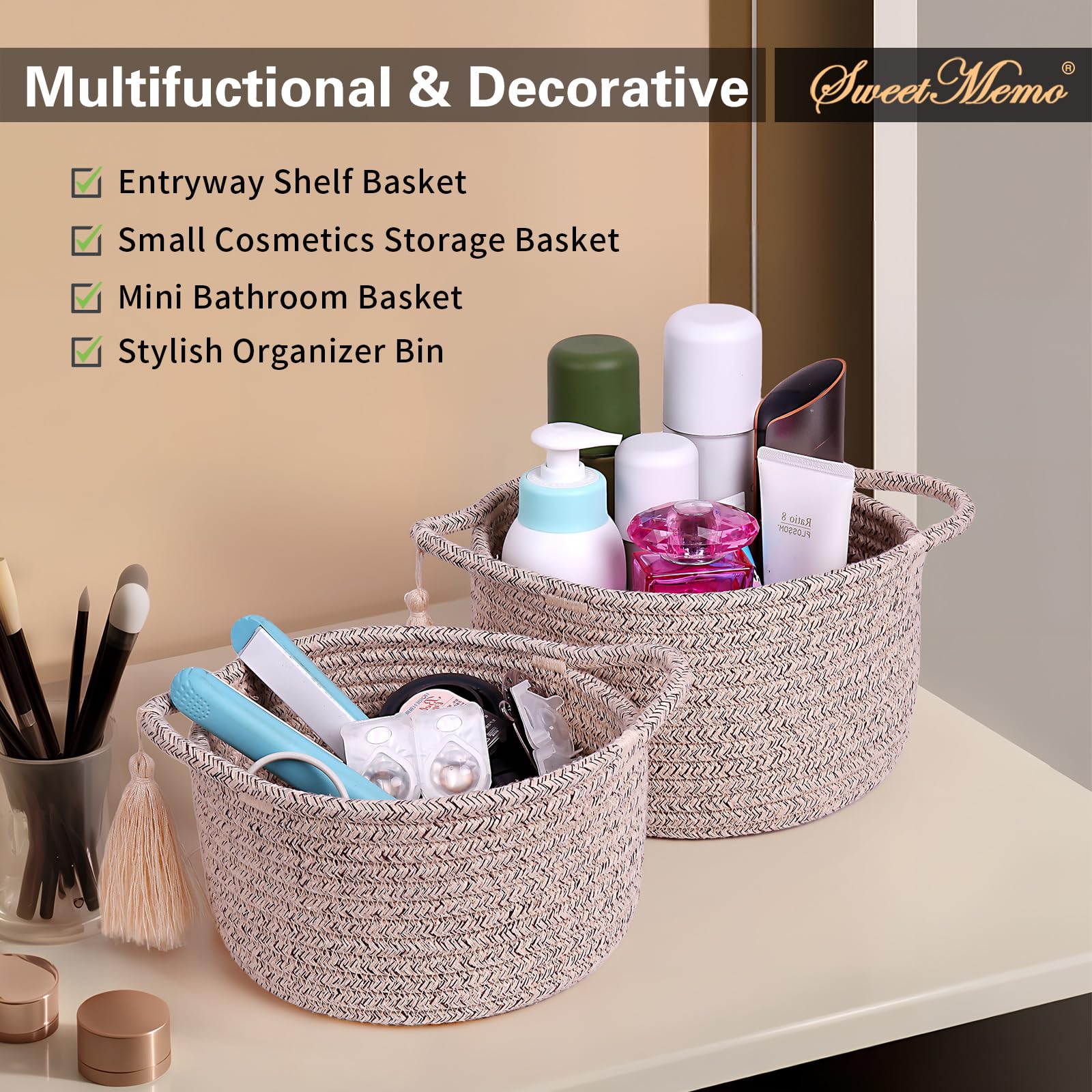 SweetMemo makeup brush and jewelry organizer basket enhances vanity setup.