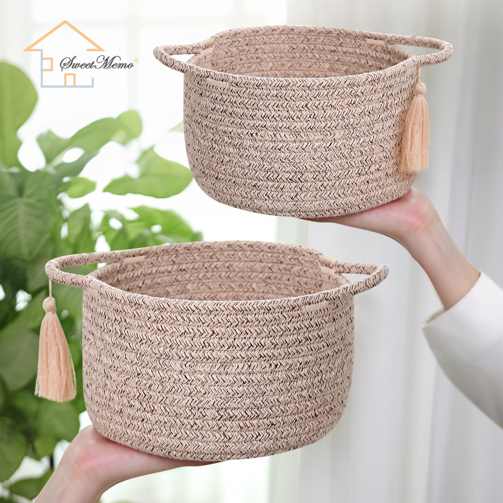 SweetMemo mini woven storage basket brown ideal for desk organization and compact storage.