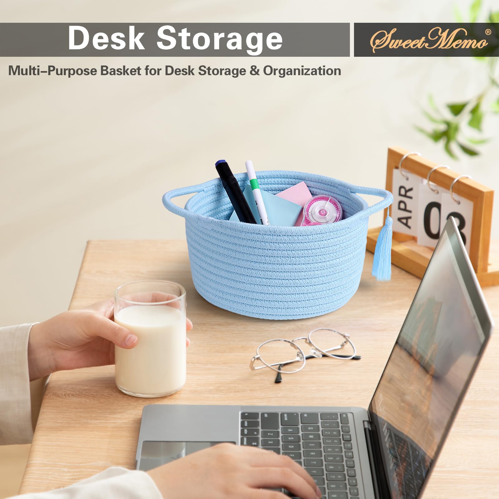 SweetMemo light blue basket on nightstand stores keys and essentials.