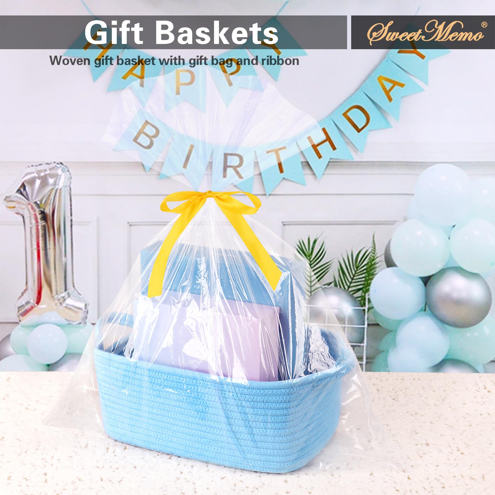 SweetMemo soft blue gift basket with ribbon detail suitable for gifting or storage.