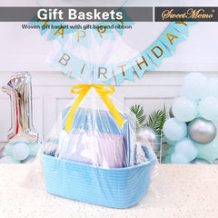 SweetMemo soft blue gift basket with ribbon detail suitable for gifting or storage.