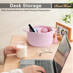 SweetMemo two-pack on dresser with larger and smaller baskets holding cosmetics