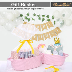 SweetMemo woven basket with gift bag and ribbon emphasizes stylish multi-purpose gifting.