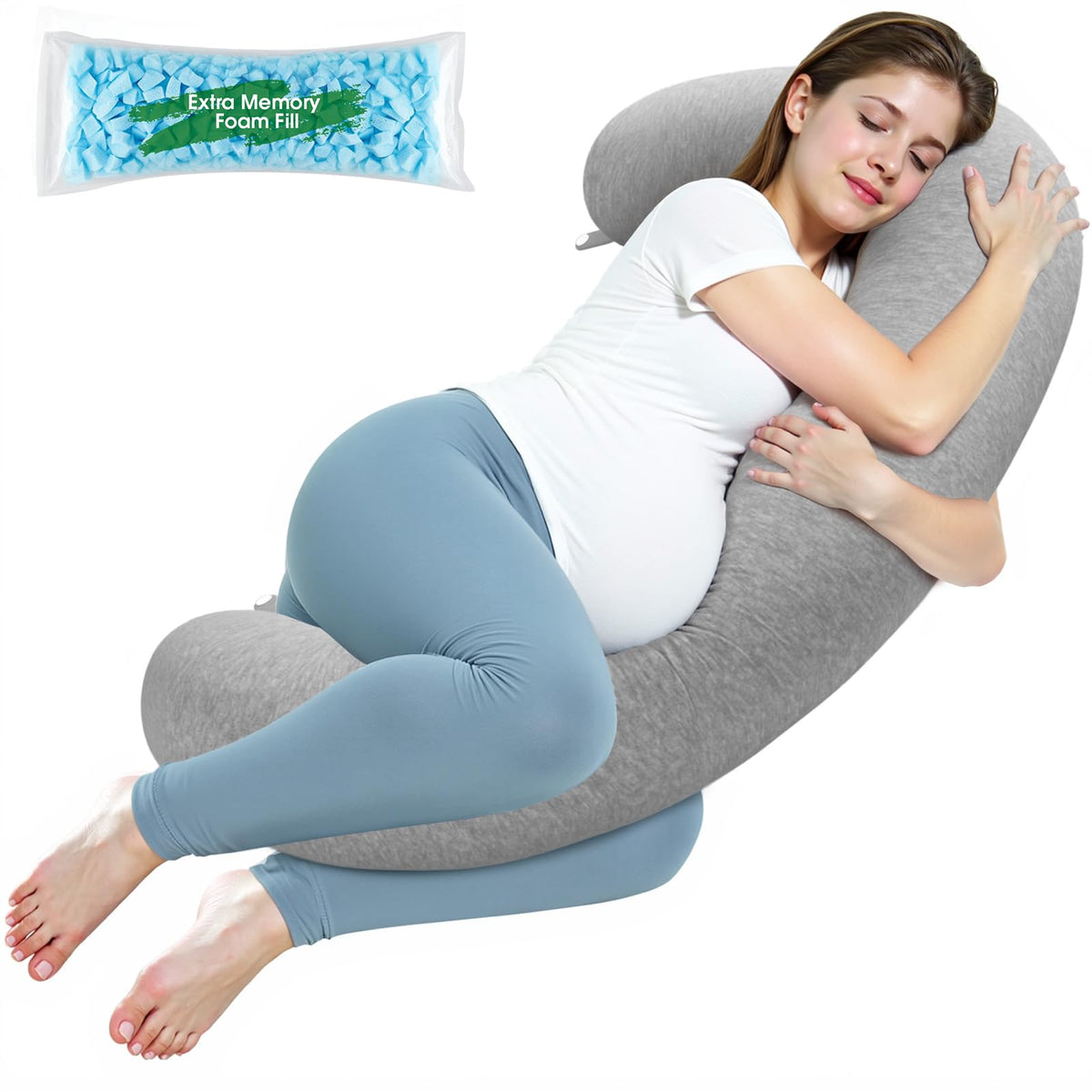 SweetSlubr pregnancy pillow C-shape front view shows soft fabric for cozy side-sleep support.