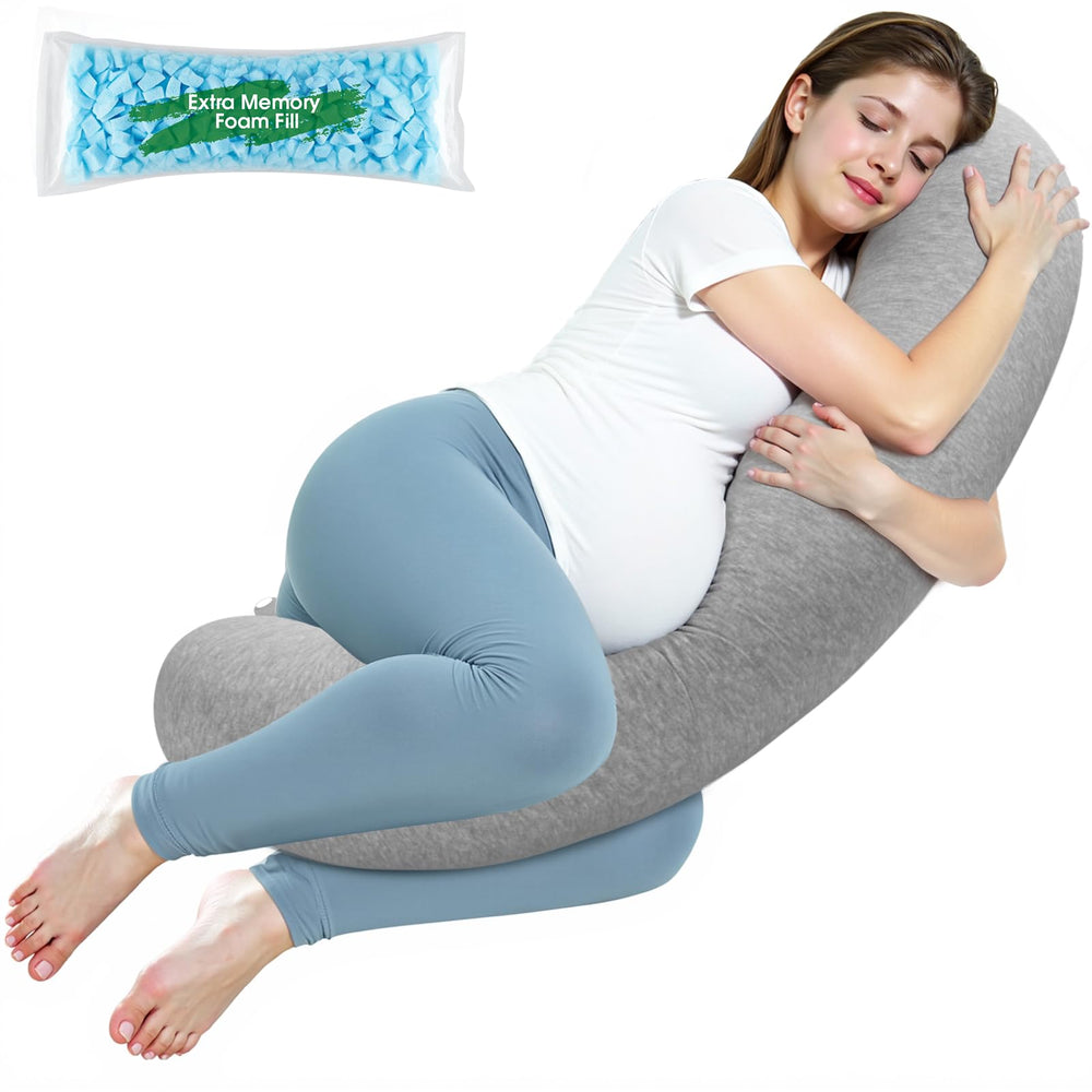 SweetSlubr pregnancy pillow memory foam cradles belly and back for restful nights.