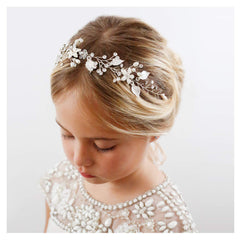 SWEETV flower girl headpiece in silver with pearls and crystals for a timeless wedding look.