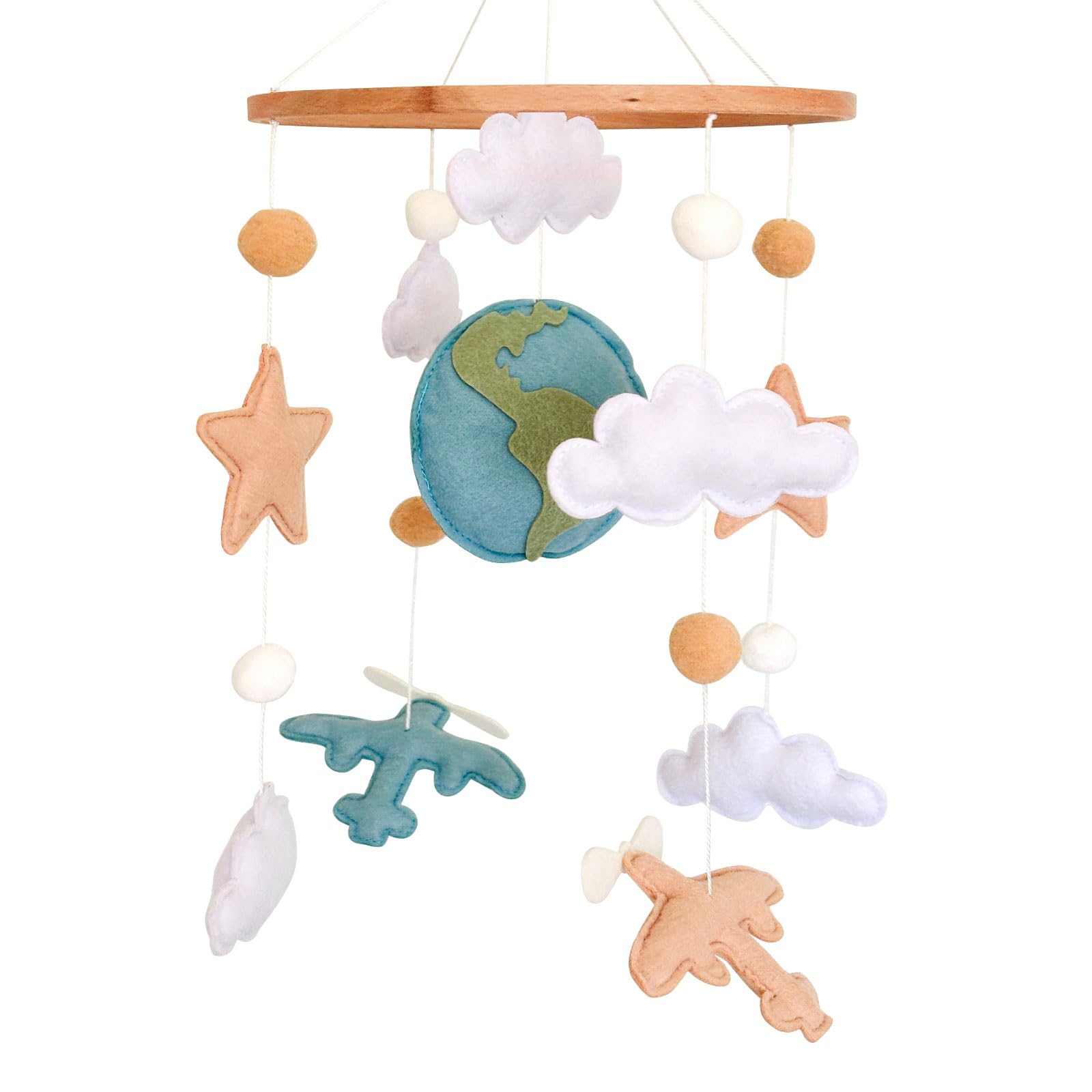 Sweety Baby airplane mobile with globe and clouds above crib for travel-inspired nursery decor.