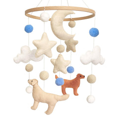 Sweety Baby dog mobile attached above crib supports gentle visual tracking.