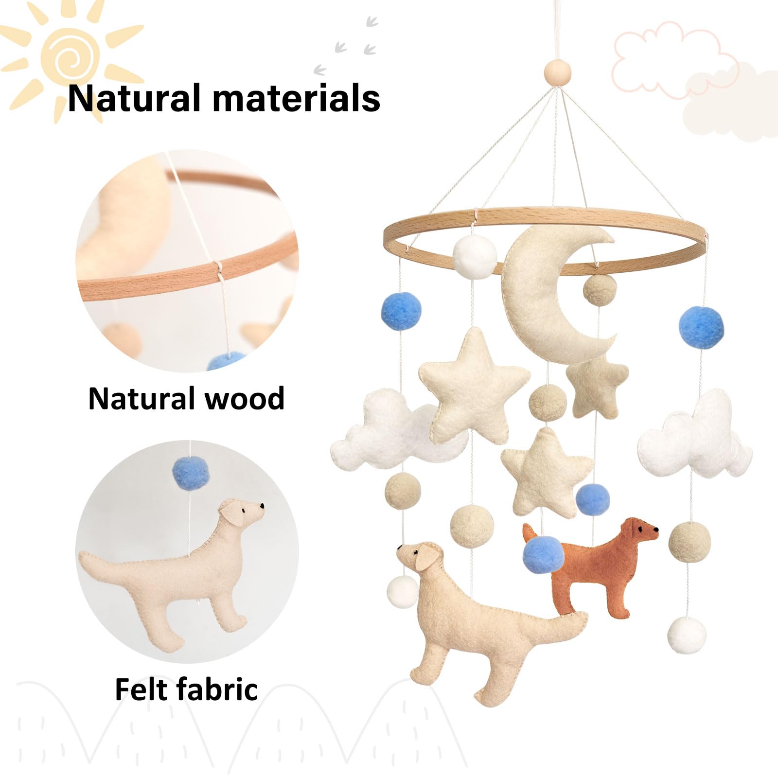 Sweety Baby dog mobile puppy detail highlights soft hand-sewn craftsmanship.