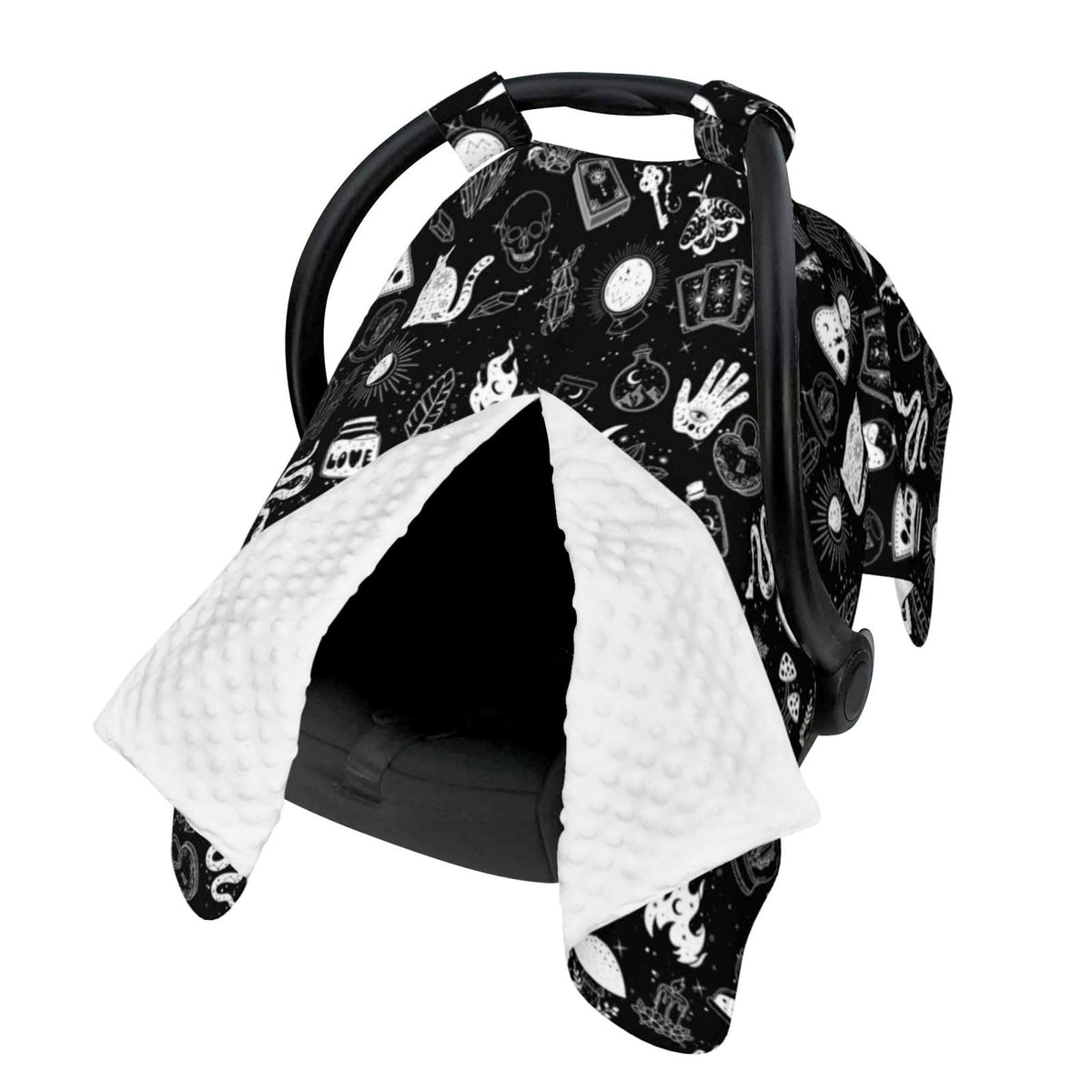 Sweety Baby Goth carseat cover with Peekaboo opening for easy checks on the go.