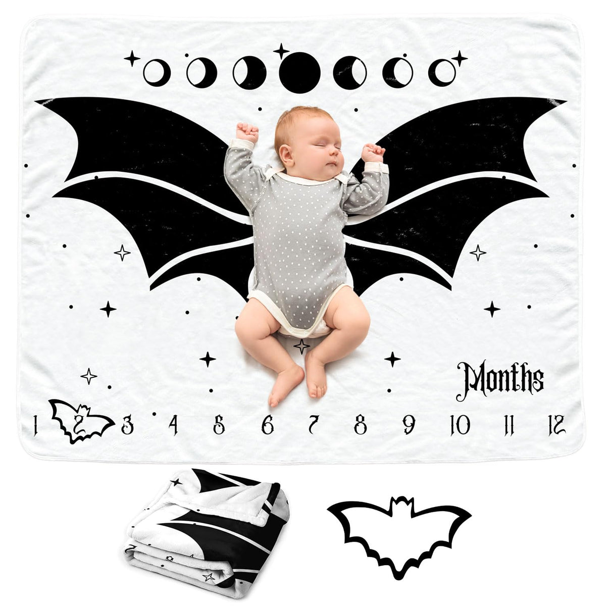 Sweety Baby Gothic Bat Monthly Blanket front view shows plush flannel warmth for photo sessions