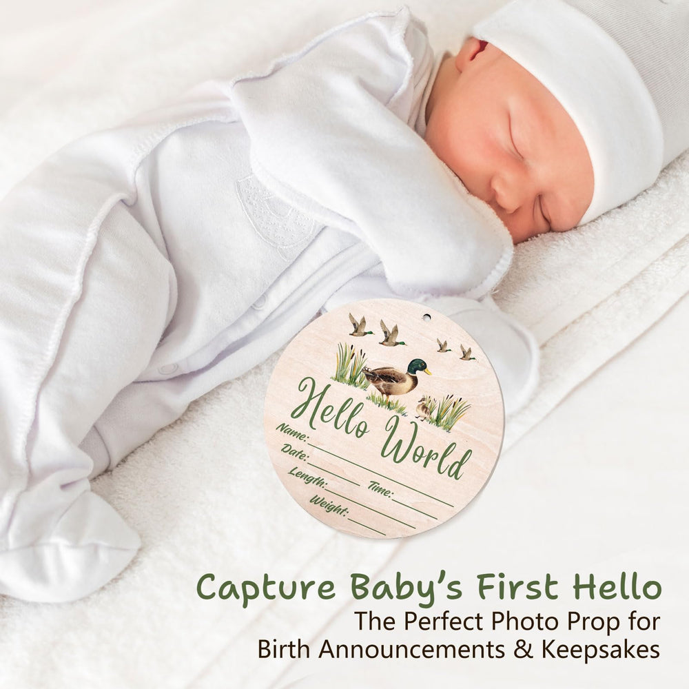 Sweety Baby Hello World newborn sign shown in a cozy nursery setting.