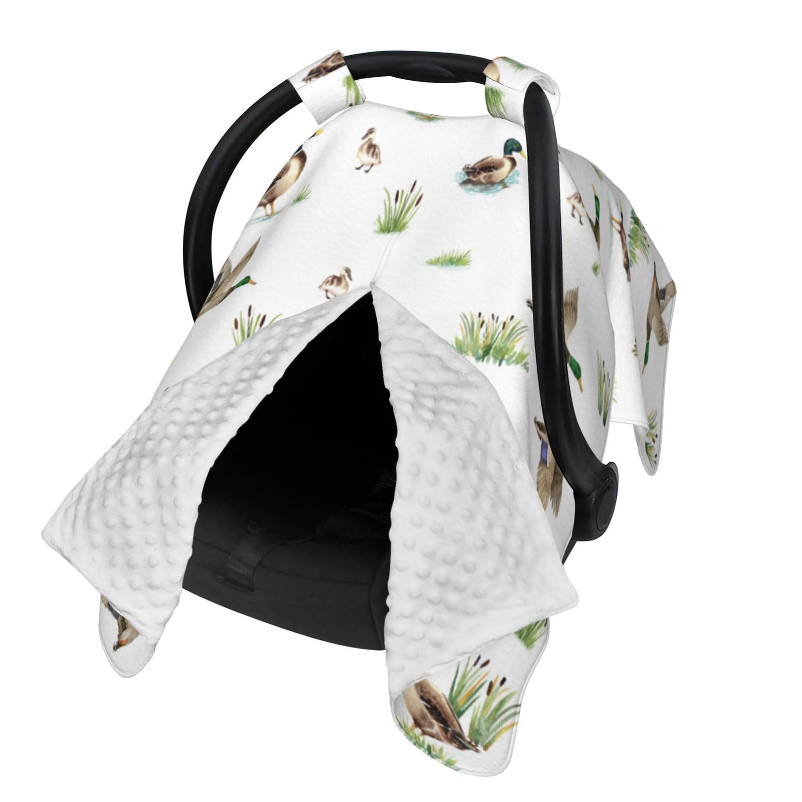 Sweety Baby Mallard Duck car seat cover front view protects from sun and wind.