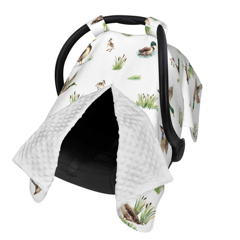 Sweety Baby Mallard Duck car seat cover front view protects from sun and wind.