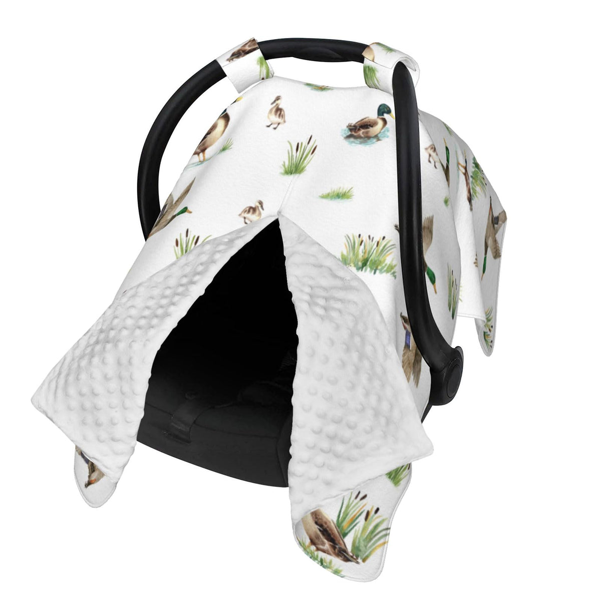 Sweety Baby Mallard Duck car seat cover front view protects from sun and wind.