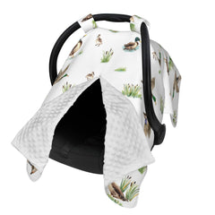 Sweety Baby Mallard Duck car seat cover front view protects from sun and wind.
